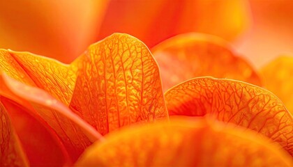 Close up macro shot of vibrant orange flower petals with intricate textures and dewdrops glistening in soft natural light creating a warm and inviting atmosphere