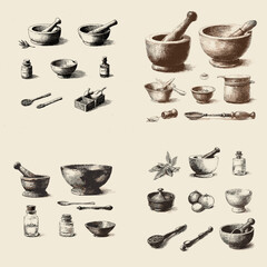 A detailed illustration set of mortar and pestle tools, herbs, jars, spices, and apothecary items in a vintage style, perfect for botanical, culinary, and traditional craft projects.