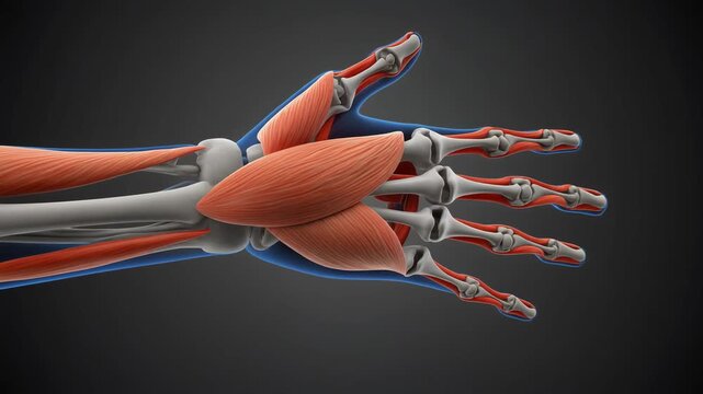 3D Animation of Human Hand Palmar Interossei Tendons and Muscles Anatomy