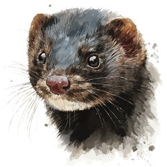 Watercolor vector illustration of Mink Head, isolated on white background.
