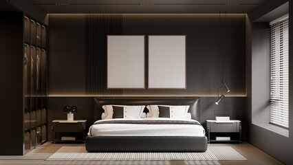 Modern Minimalist Luxury Bedroom Interior with Poster Frame Mockup – 3D Render

