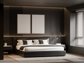 Modern Minimalist Luxury Bedroom Interior with Poster Frame Mockup &ndash; 3D Render
