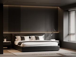 Modern Minimalist Luxury Bedroom Interior with Poster Frame Mockup &ndash; 3D Render
