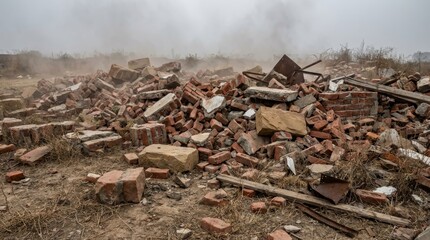 Abandoned Ruined Red Brick and Stone Rubble Piles Landscape Outdoor