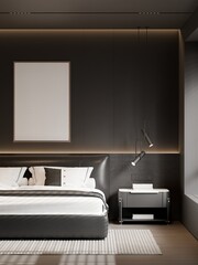 Modern Minimalist Luxury Bedroom Interior with Poster Frame Mockup &ndash; 3D Render
