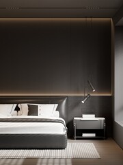 Modern Minimalist Luxury Bedroom Interior with Poster Frame Mockup &ndash; 3D Render
