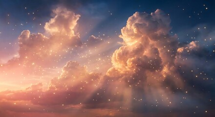 Stunning ethereal sunset clouds filled with magical golden sparkles creating a dreamlike sky background