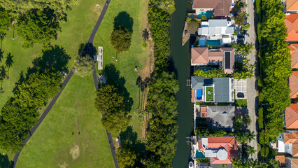 Fototapeta premium Aerial view of houses on water canal