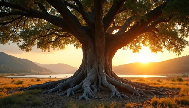 Majestic old tree with powerful exposed roots on a lake shore at golden sunset. Sun shines over calm water and mountains. This serene nature landscape symbolizes life, growth and strength.