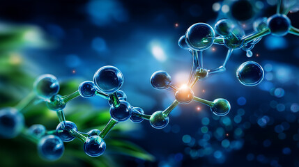 Molecular structure diagram, blue green atoms, chemical bond display, volatile organic compounds, VOCs concept visualization, environmental chemistry focus, scientific illustration