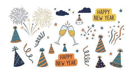 New Year Celebration: A cheerful illustration brimming with festive elements, featuring celebratory items such as party hats, sparkling fireworks, and champagne glasses, creating a vibrant atmosphere.