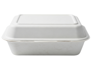 White disposable paper clamshell food takeout container box on a transparent background