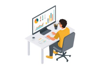 Isometric view of a person working at a desk with computer monitor displaying charts and graphs
