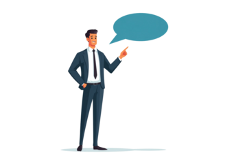 Man in suit pointing with speech bubble above him against a black background illustration