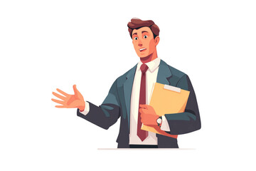 Cartoon man in suit presenting with clipboard and gesturing on a black background illustration