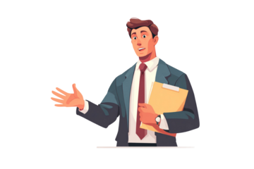Cartoon man in suit presenting with clipboard and gesturing on a black background illustration