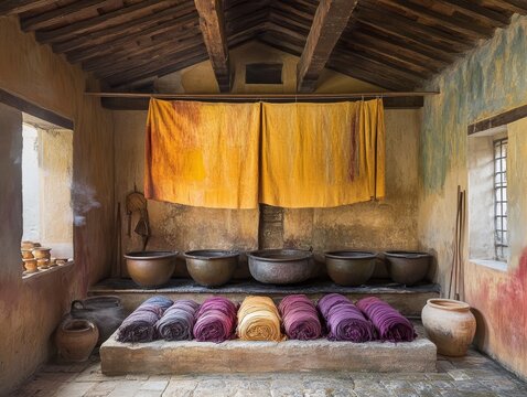 Historical Roman dye room with pigment jars boiling cauldrons and wool preparation