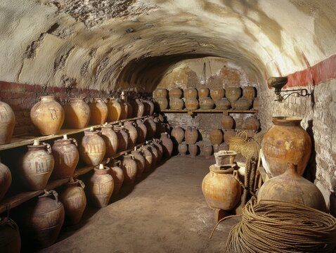 Wine cellar of a Roman shop with amphora stacks dolia storage and lamp shadows