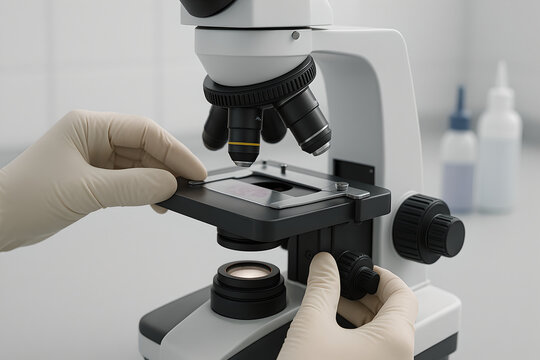 Photorealistic 3D CBC (Complete Blood Count) procedure, close-up of medical technologist&rsquo;s gloved hands placing a freshly collected EDTA blood tube into an automated hematology analyzer slot