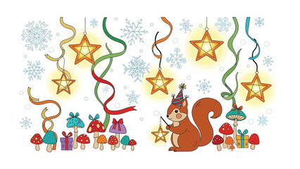 Obraz premium Festive Squirrel: A cheerful squirrel in a party hat, surrounded by glowing star decorations, gift, mushroom, and snowflakes, creates a whimsical holiday scene. 