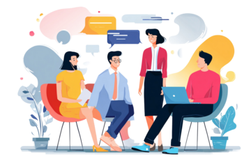 Group of people in a meeting with speech bubbles and laptops in a modern office setting illustration