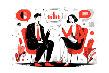 Two people in business attire sitting and discussing charts and graphs in speech bubbles around them