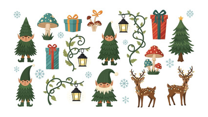 Festive Elements: A whimsical illustration with various elements including elves, deer, and gifts, conveying a sense of festive charm.