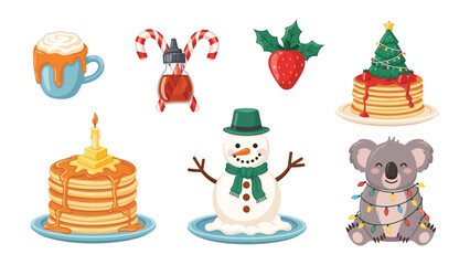 Festive Food and Delights: A collection of delightful seasonal treats, including a stack of pancakes adorned with a Christmas tree design, a charming snowman, and a festive koala bearing gifts.