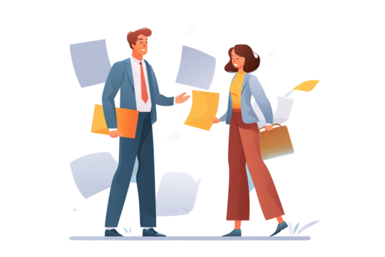 Business professionals exchanging documents in a modern office environment illustration style - Powered by Adobe