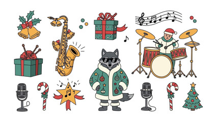 Festive Holiday Illustrations: A collection of charming, hand-drawn Christmas elements, encompassing musical instruments, cheerful holiday symbols, and a whimsical anthropomorphic character. 