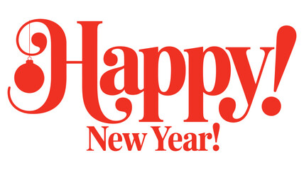 bold red happy new year typography design with festive ornament detail, modern holiday greeting artwork for cards, banners, posters, and seasonal celebrations