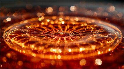 Close-up of a mesmerizing liquid pattern in warm tones, radiating depth and complex design with an eye-catching central detail.