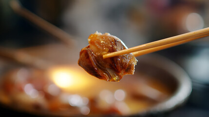 An intriguing close-up shows bamboo chopsticks holding a succulent, glazed food item, hinting at a delicious meal in a warm, inviting setting. A culinary experience awaits.