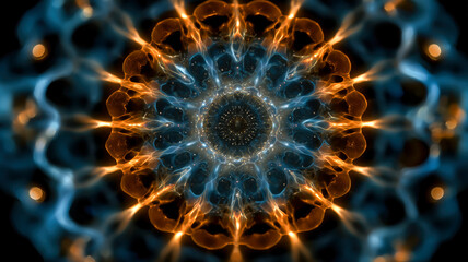Intricate digital art featuring symmetrical patterns in contrasting blue and orange hues creating a visually mesmerizing kaleidoscope effect. 