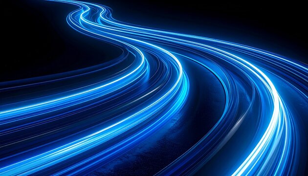 Digitally rendered glowing blue light trails curving through dark background, resembling high-speed data transmission lines or futuristic fiber optic highways with motion particles and sleek connectiv