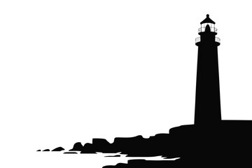 Black silhouette of a tall lighthouse on a rocky coastline against a white background Keywords: lighthouse, resilient architecture silhouette