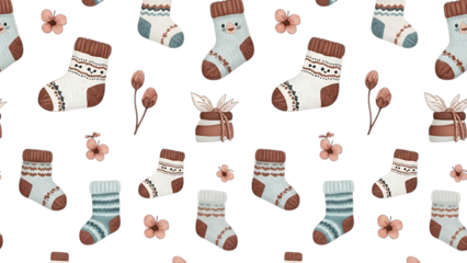 Cute winter socks and floral ornament pattern on black background