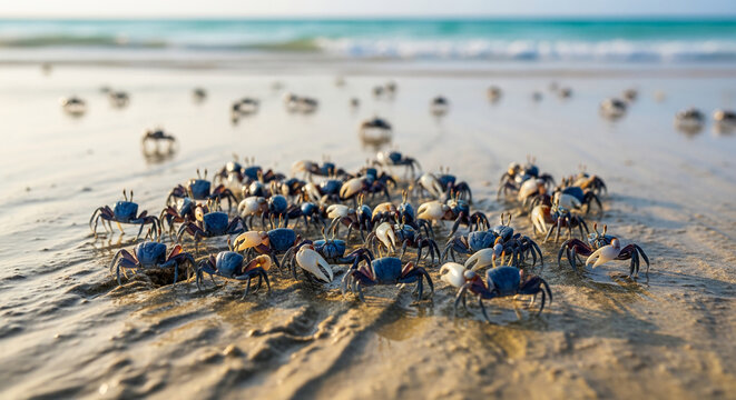 Many small blue crabs on a sandy beach near the ocean, representing life in the wild, nature's resilience and abundance, perfect for ecological concepts - Powered by Adobe