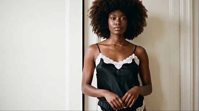 Beautiful black woman with afro hair wearing black and white lace lingerie against white background