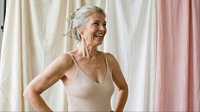 Happy mature woman with gray hair in beige bodysuit laughing against fabric backdrop