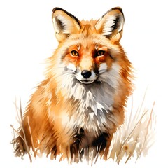 Naklejka premium Watercolor portrait of a red fox in tall grass with a curious expression