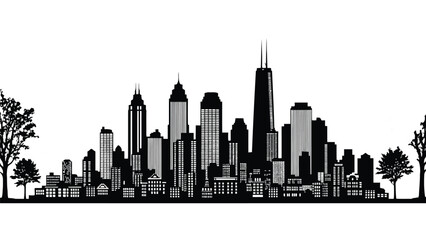 Obraz premium Detailed resilient architecture silhouette Black and White City Skyline Silhouette with Trees on White Background urban architecture