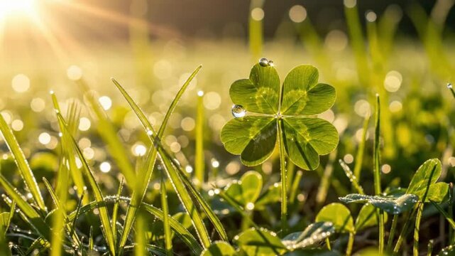Four-Leaf Clover with Morning Dew in Sunlight. A close-up of a rare four-leaf clover standing among blades of grass, adorned with morning dew droplets. Sunlight streams from the upper left corner