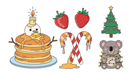 Festive Delights: An array of adorable Christmas illustrations, including a snowman atop pancakes, sweet candies, fresh strawberries, a festive koala and decorated Christmas tree.  © Tahura