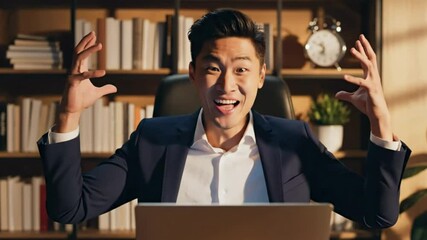 Excited Businessman Reacting at Laptop in Office. A professional man in a business suit sits at a desk in front of a laptop, raising his arms and expressing excitement or surprise. 