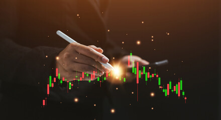 A trader analyzing a glowing candlestick chart using a stylus, illustrating market forecasting, investment strategy, financial analysis, and modern digital trading tools for real-time decision making.