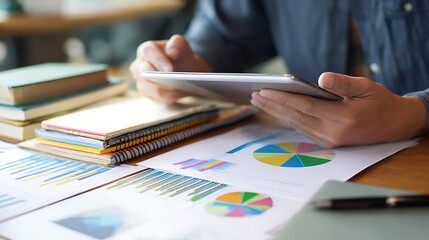 Business professional analyzes data on a tablet, surrounded by charts, graphs, and notes, signifying strategic decision-making, financial analysis, and modern office productivity.