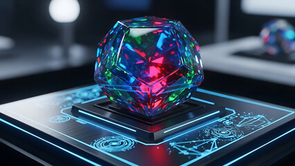 A dazzling iridescent crystal artifact on an illuminated base