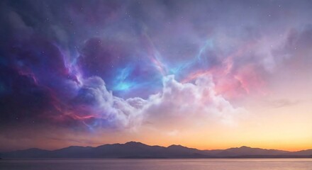 Stunning cosmic nebula swirls above serene mountains reflecting vibrant sunset ocean colors