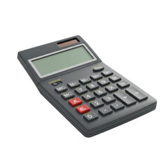 Close-up of a hyperrealistic dark gray professional calculator with a reflective screen and red button on a white background. Concept of finance and calculation